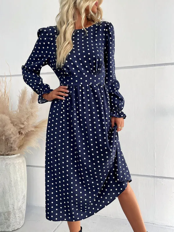 Polka Dot Midi Dress with Round Neck and Long Sleeves