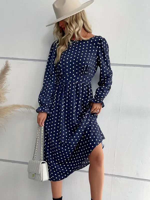 Polka Dot Midi Dress with Round Neck and Long Sleeves