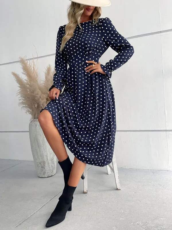 Polka Dot Midi Dress with Round Neck and Long Sleeves