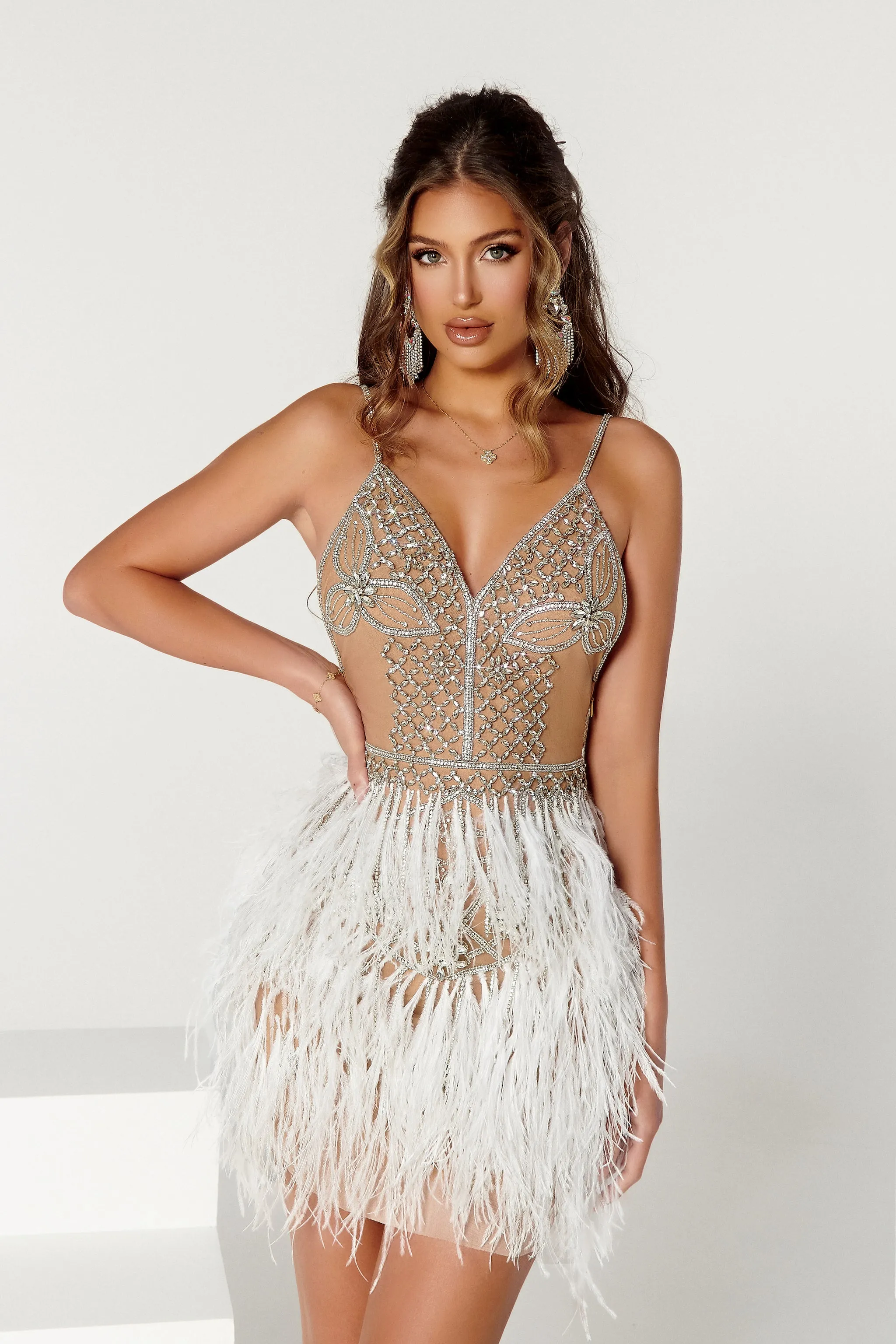 PORTIA & SCARLETT PS4007C V-Neck Feather Short Dress