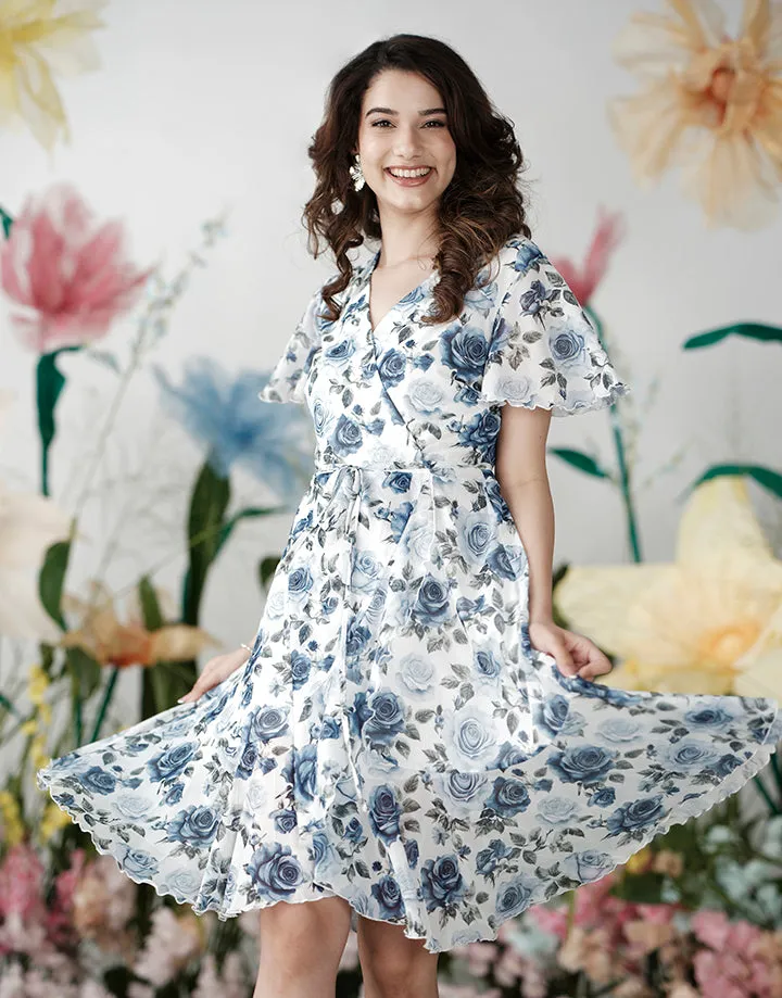 Printed Flared Sleeves Wrap Dress