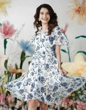 Printed Flared Sleeves Wrap Dress