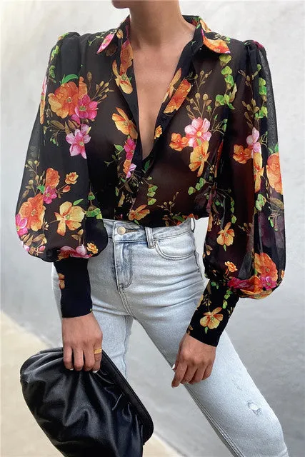 Puff Sleeve Shirts Blouse Women Floral / leopard Shirts