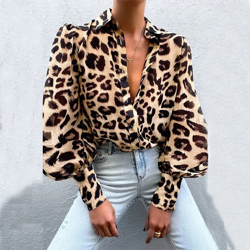 Puff Sleeve Shirts Blouse Women Floral / leopard Shirts