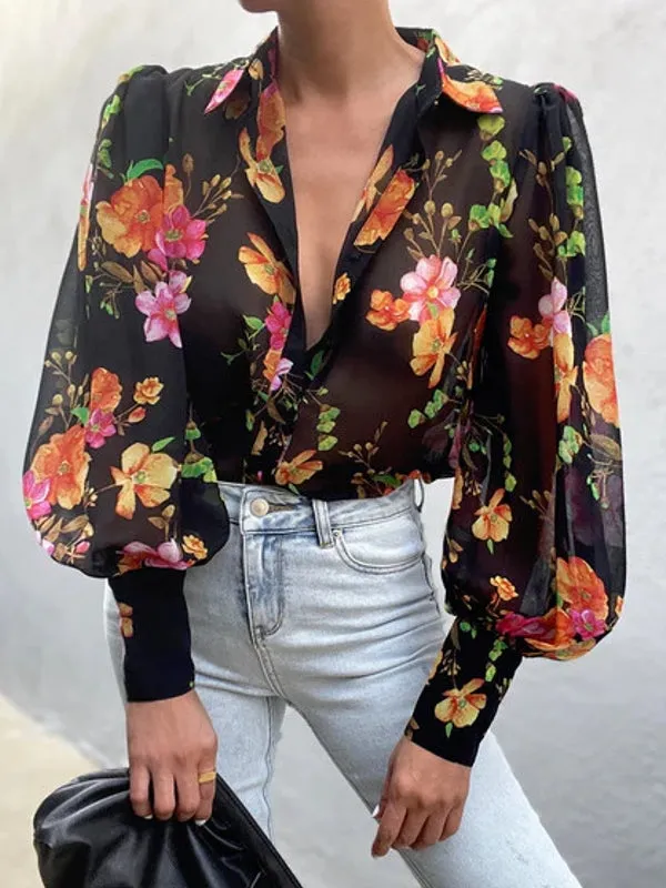 Puff Sleeve Shirts Blouse Women Floral / leopard Shirts