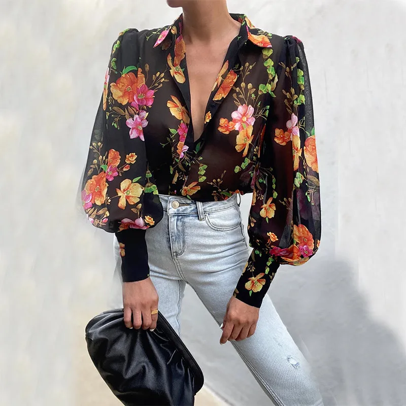 Puff Sleeve Shirts Blouse Women Floral / leopard Shirts