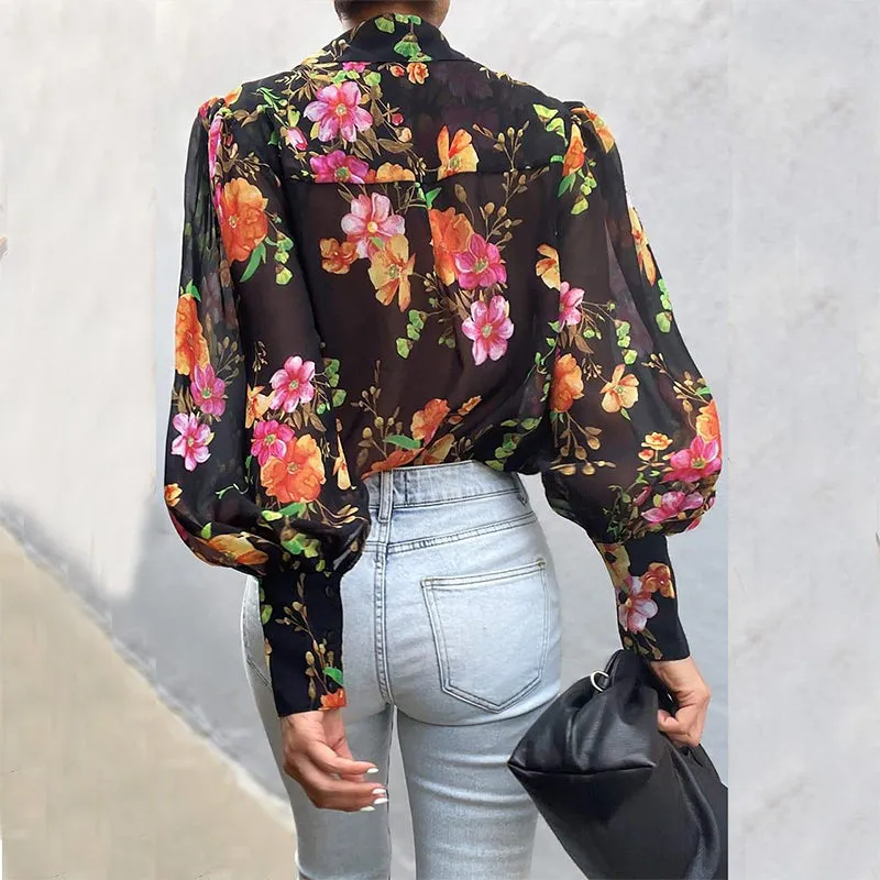Puff Sleeve Shirts Blouse Women Floral / leopard Shirts