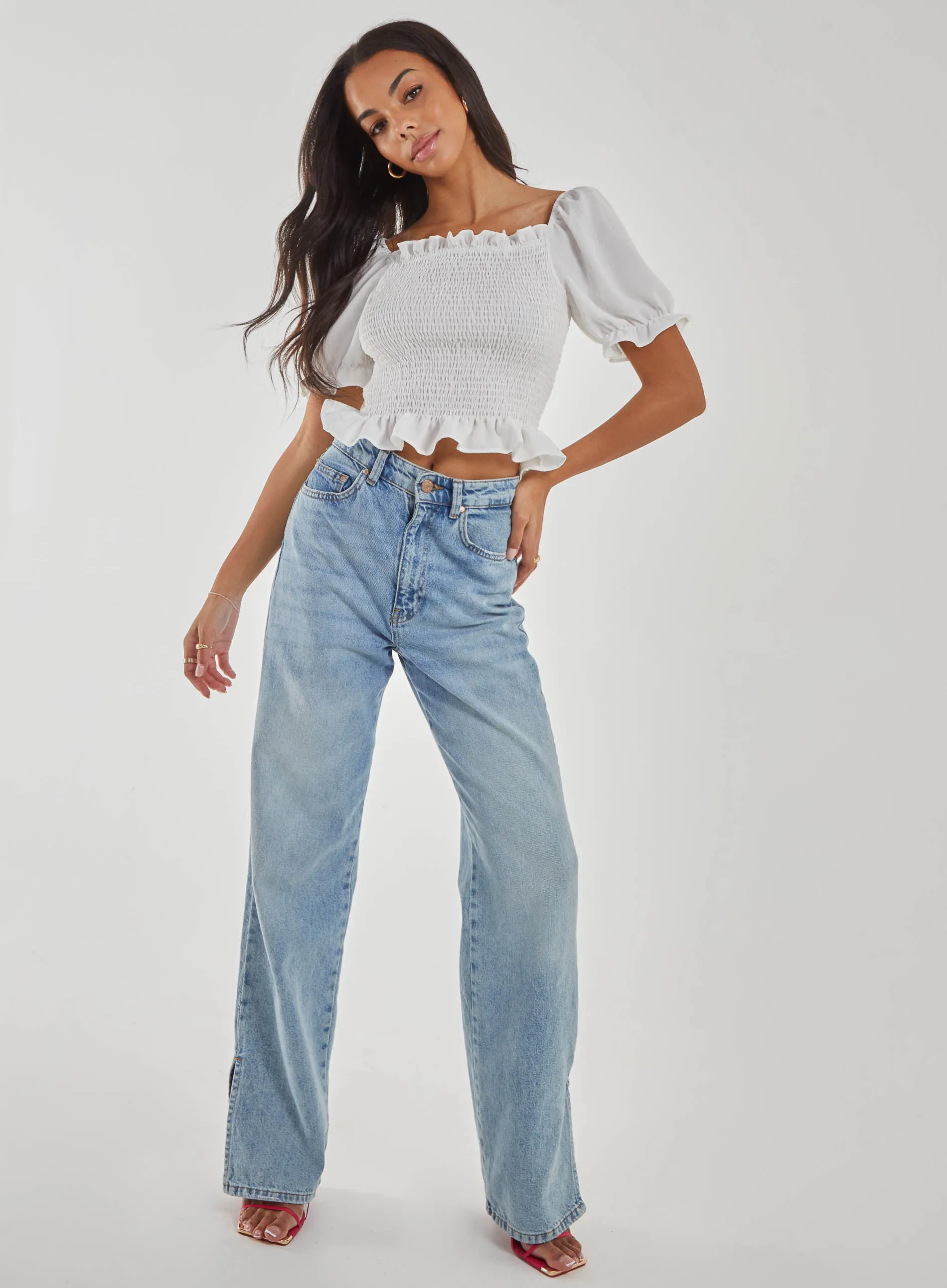 Puff Sleeve Square Neck Shirred Top