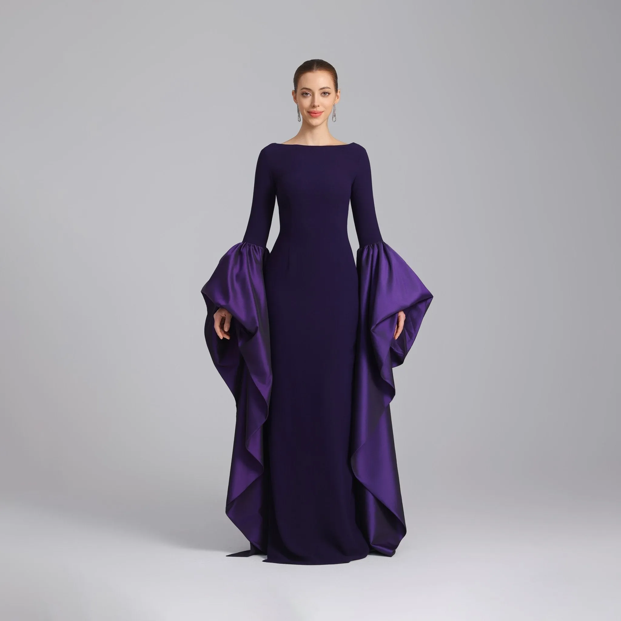 Purple Fitted Gown With Extra Long Sleeves