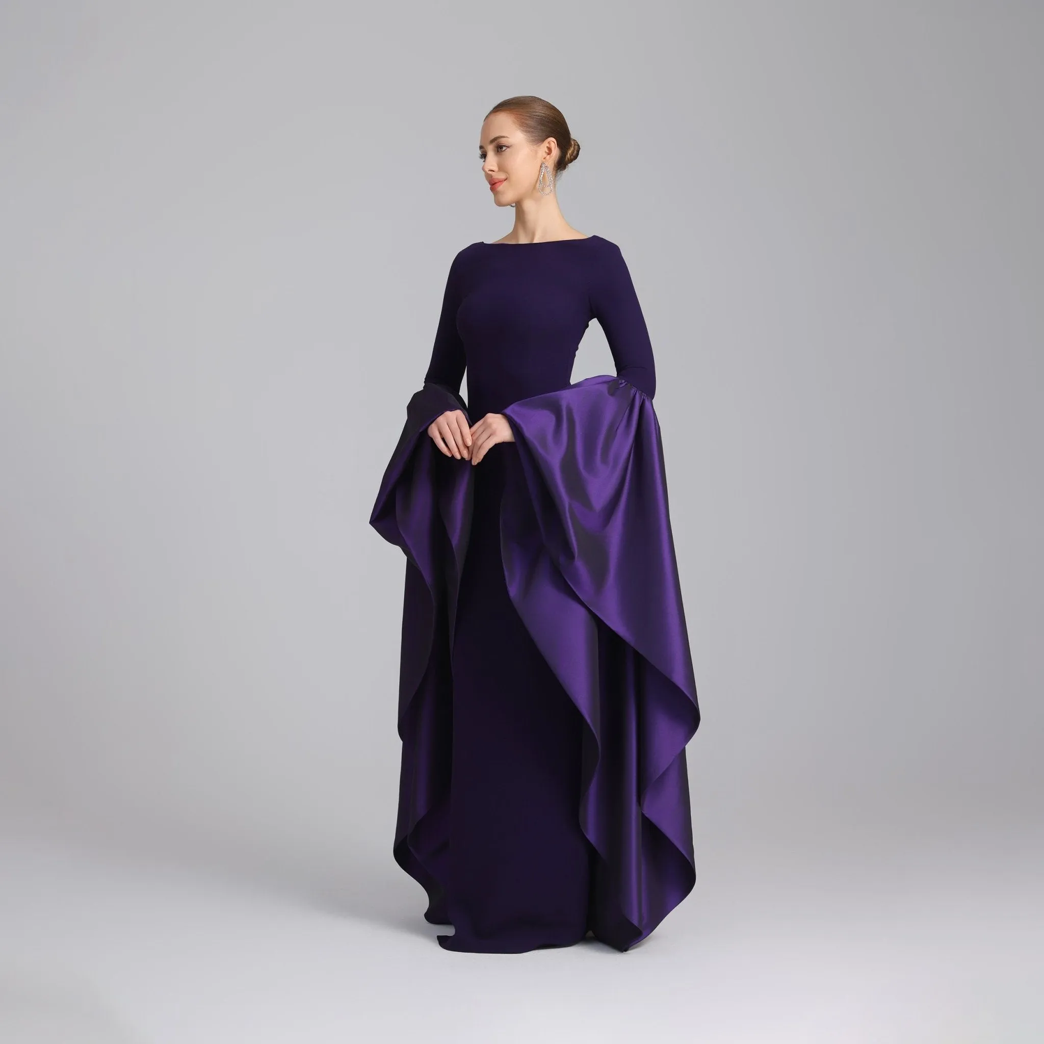 Purple Fitted Gown With Extra Long Sleeves