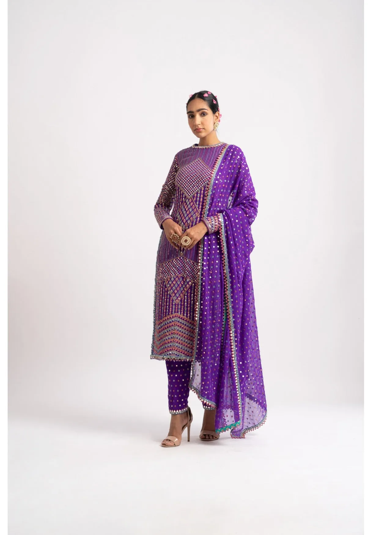 Purple Multi Embroidery Round Neck Kurta Set