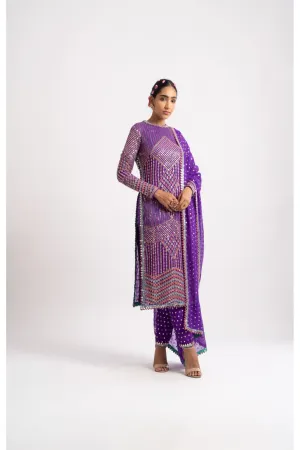 Purple Multi Embroidery Round Neck Kurta Set
