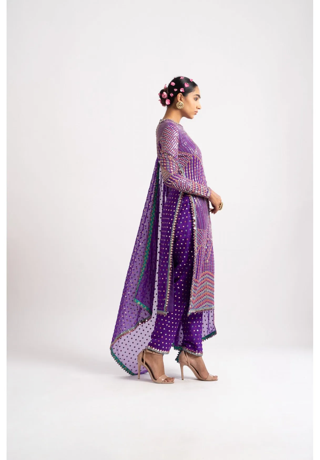 Purple Multi Embroidery Round Neck Kurta Set