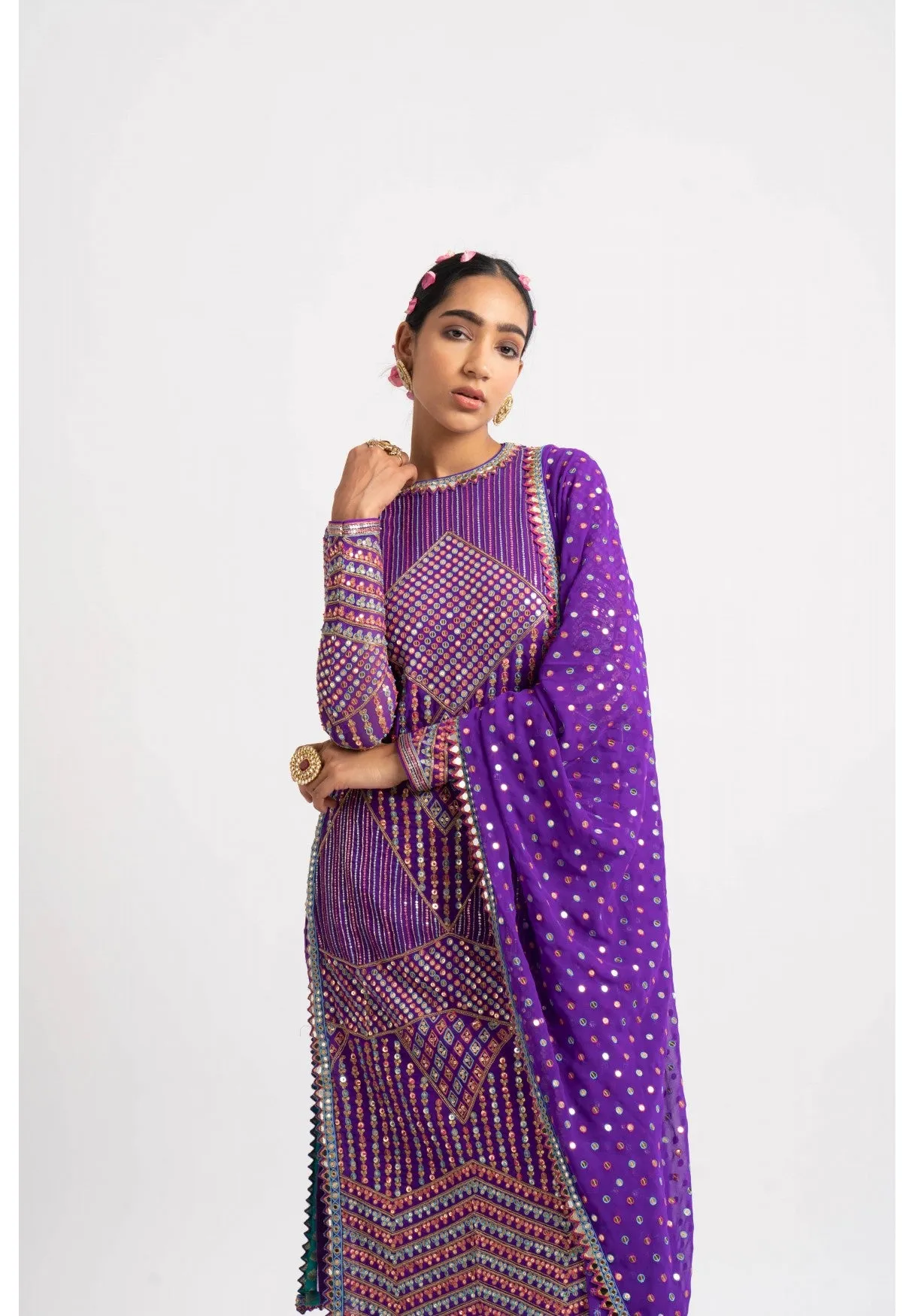 Purple Multi Embroidery Round Neck Kurta Set