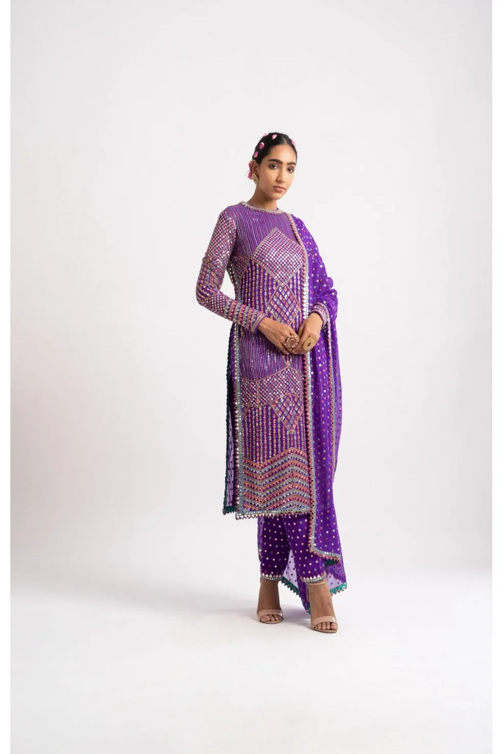 Purple Multi Embroidery Round Neck Kurta Set