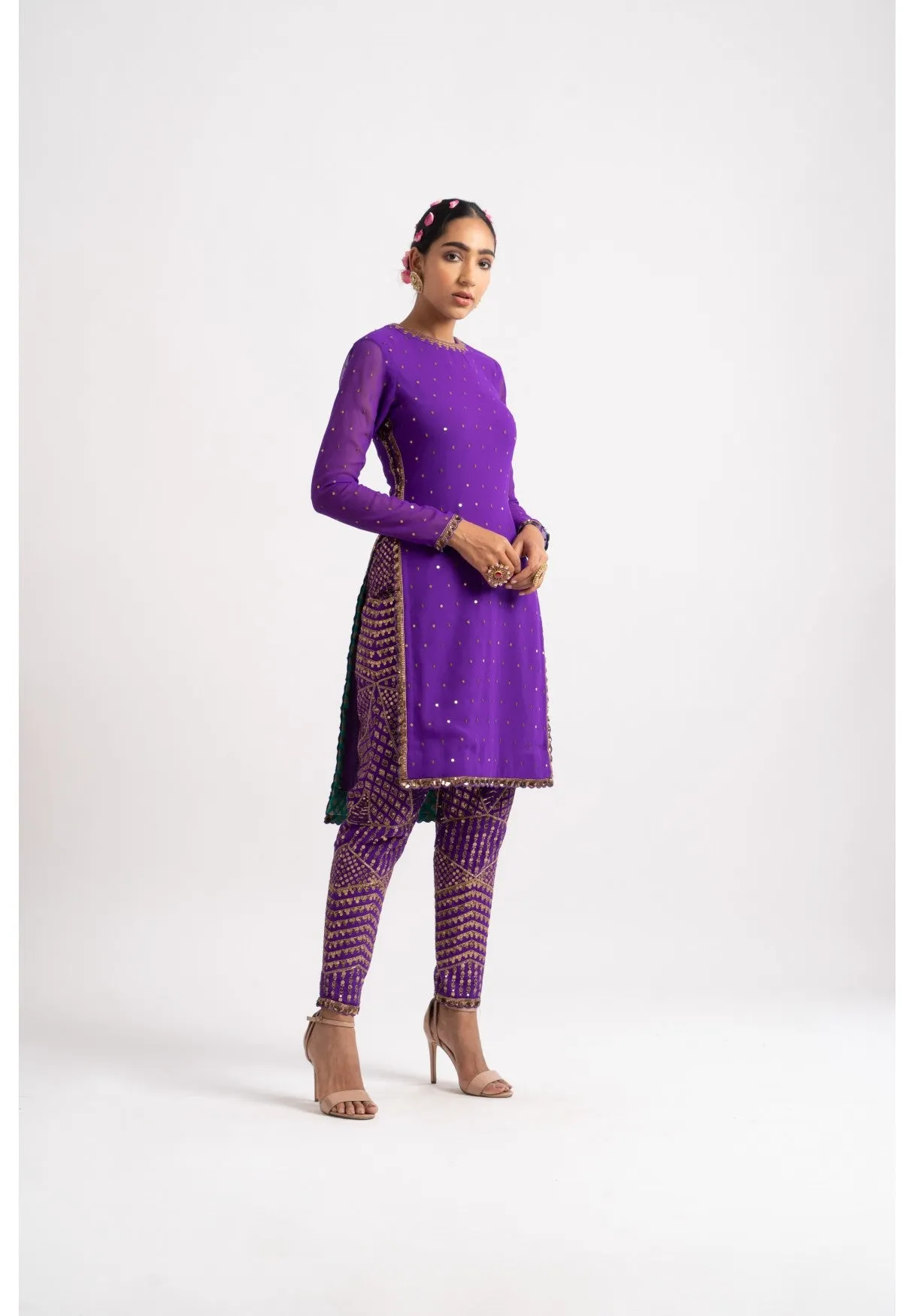 Purple Round Neck Multi Geo Pant Kurta Set