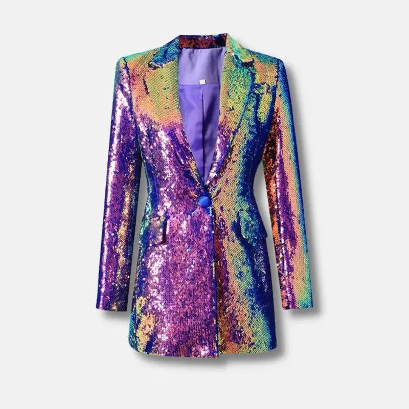 Purple Sequin Blazer with Lapel Collar and Special Design