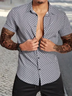 QA Homme Geometric Print Buttoned Short Sleeve Shirt Slim Fit Button Up Graphic Plaid Regular Shirts Husband