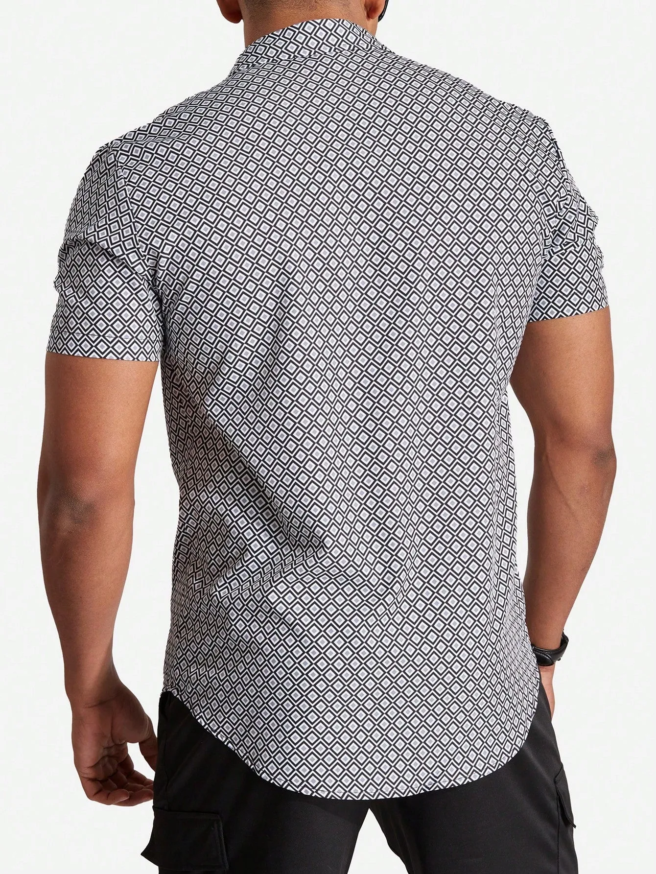 QA Homme Geometric Print Buttoned Short Sleeve Shirt Slim Fit Button Up Graphic Plaid Regular Shirts Husband