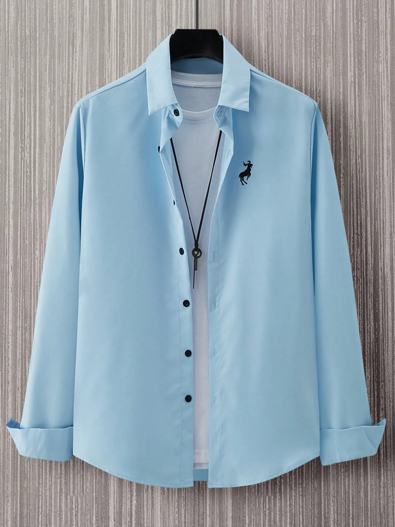 QA Homme Men Deer Embroidery Button Up Shirt