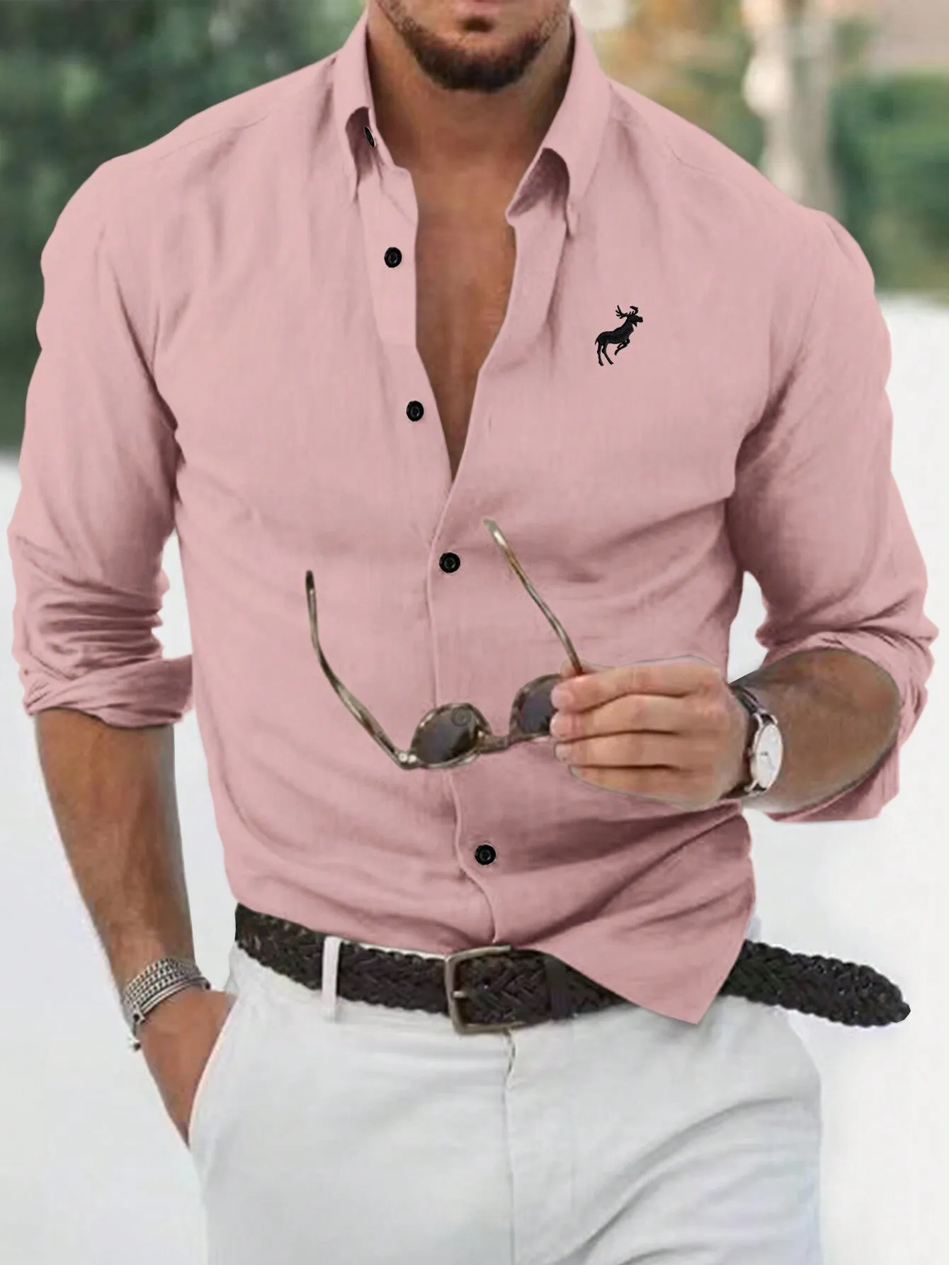 QA Homme Men Deer Embroidery Button Up Shirt