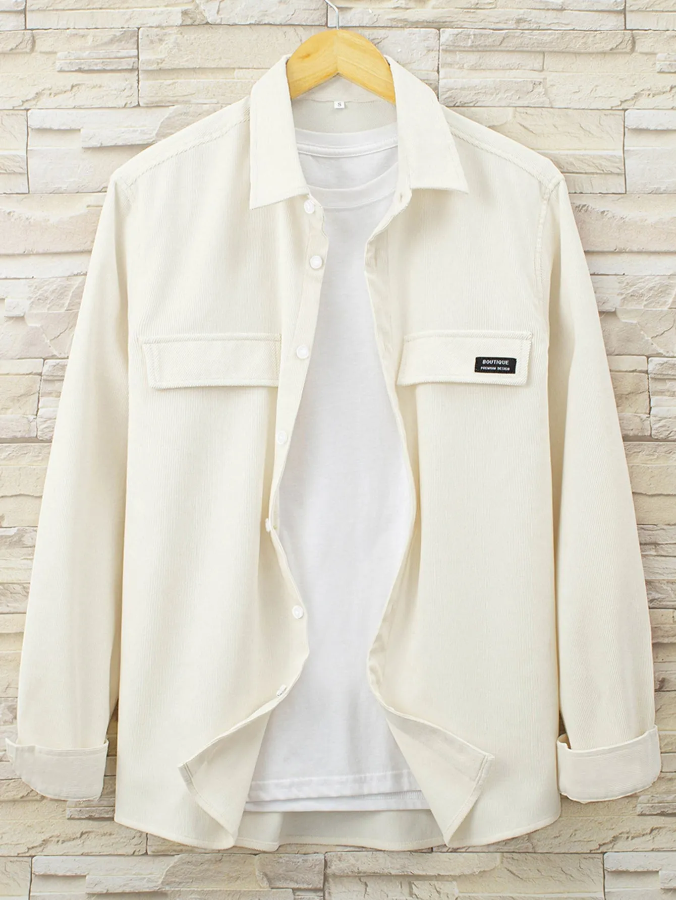 QA Hypemode Men Letter Patched Detail Corduroy Shirt Without Tee