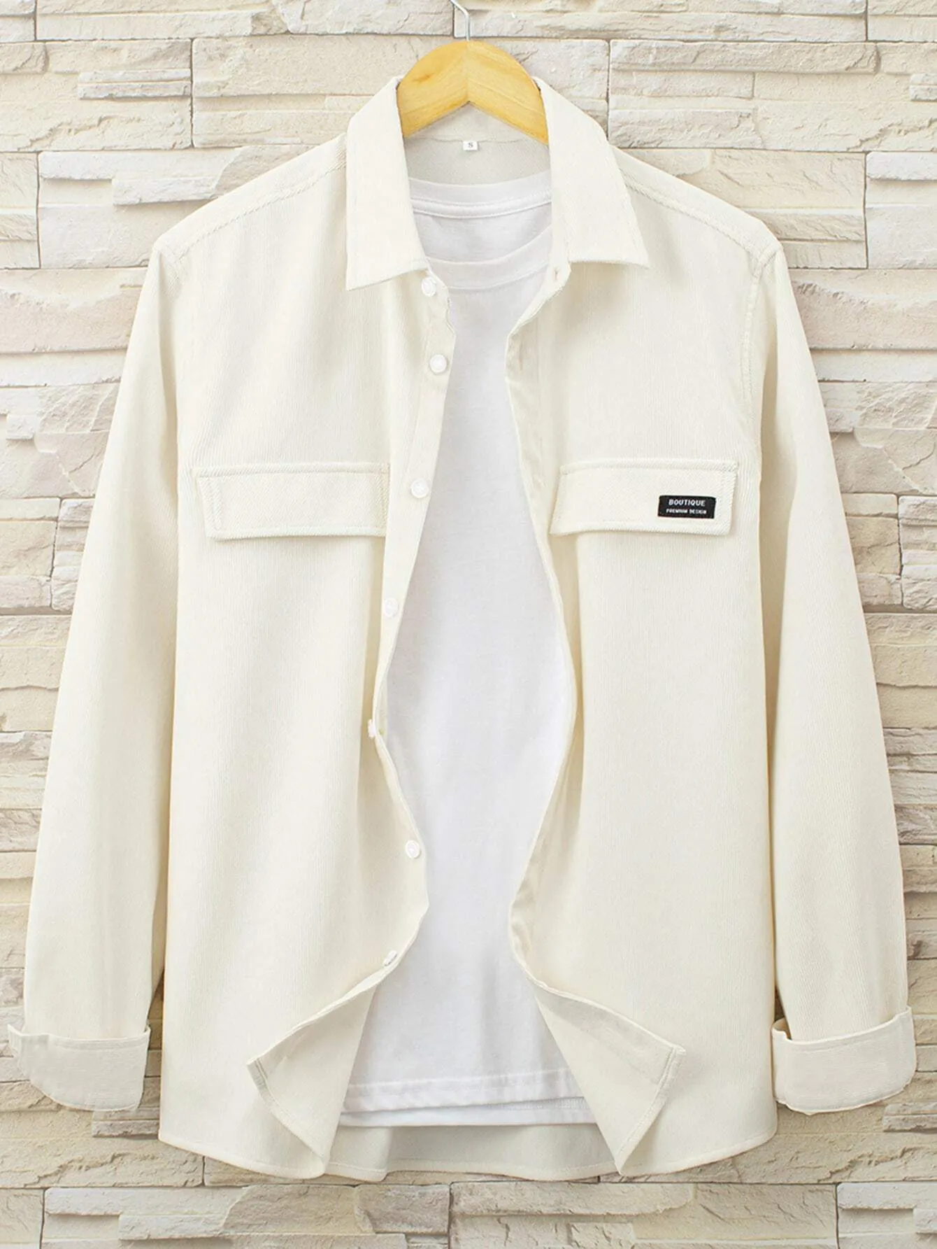QA Hypemode Men Letter Patched Detail Corduroy Shirt Without Tee