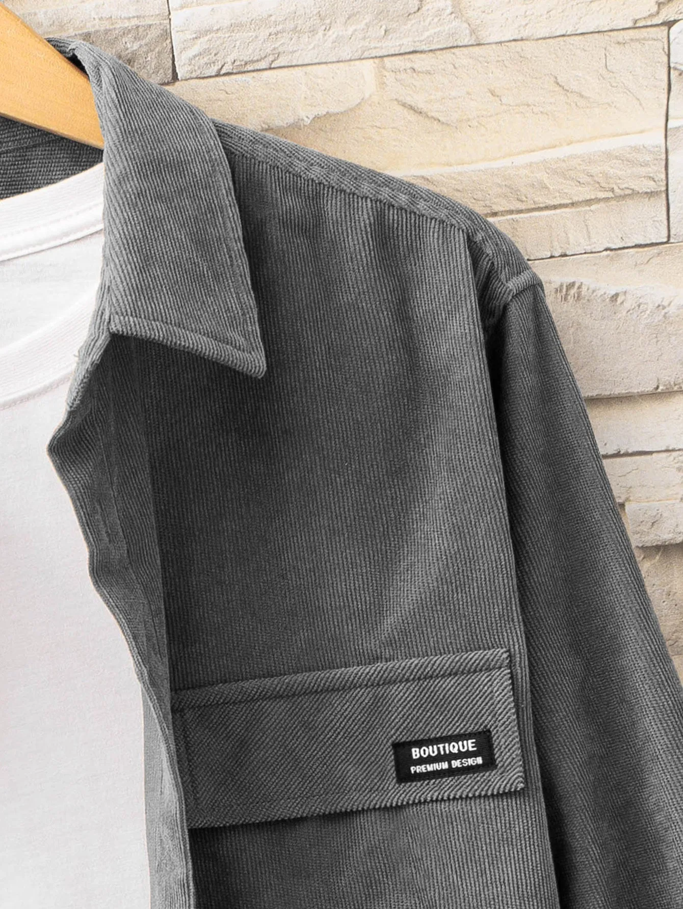 QA Hypemode Men Letter Patched Detail Corduroy Shirt Without Tee