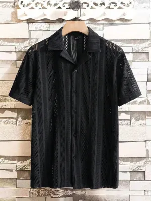 QA Mode Men's Summer Solid Color Short Sleeve Hollow Out Casual Shirt, Versatile