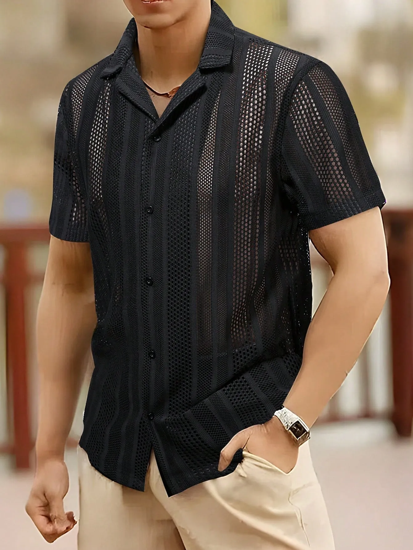 QA Mode Men's Summer Solid Color Short Sleeve Hollow Out Casual Shirt, Versatile