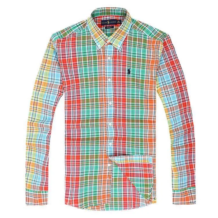 R L Custom Fit Gingham Orange Multi-Color Longsleeve Shirt