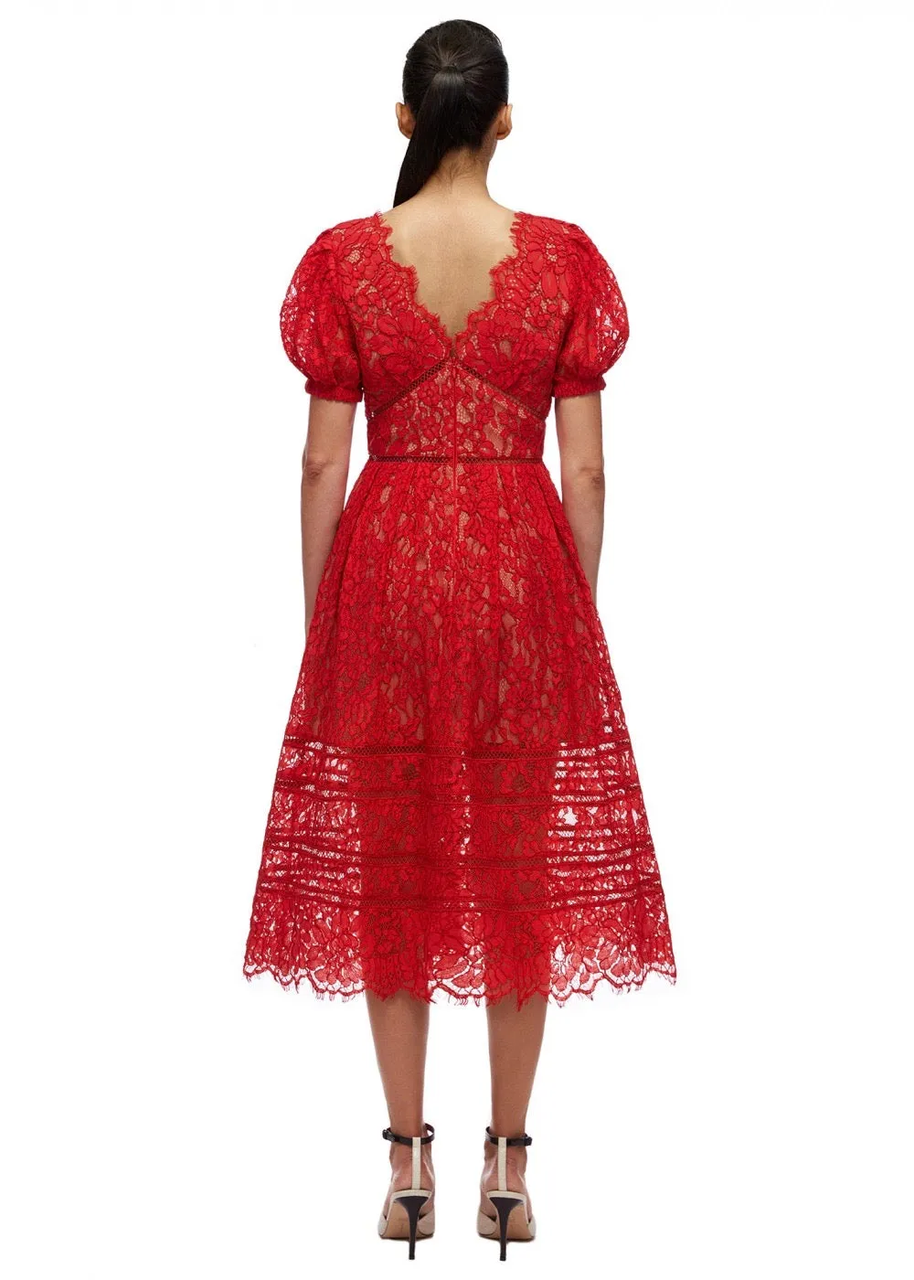 Red Fine Cord Lace Midi Dress (Red)