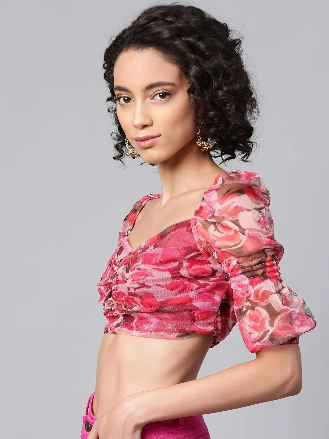 Red Floral Puff Sleeve Crop Top