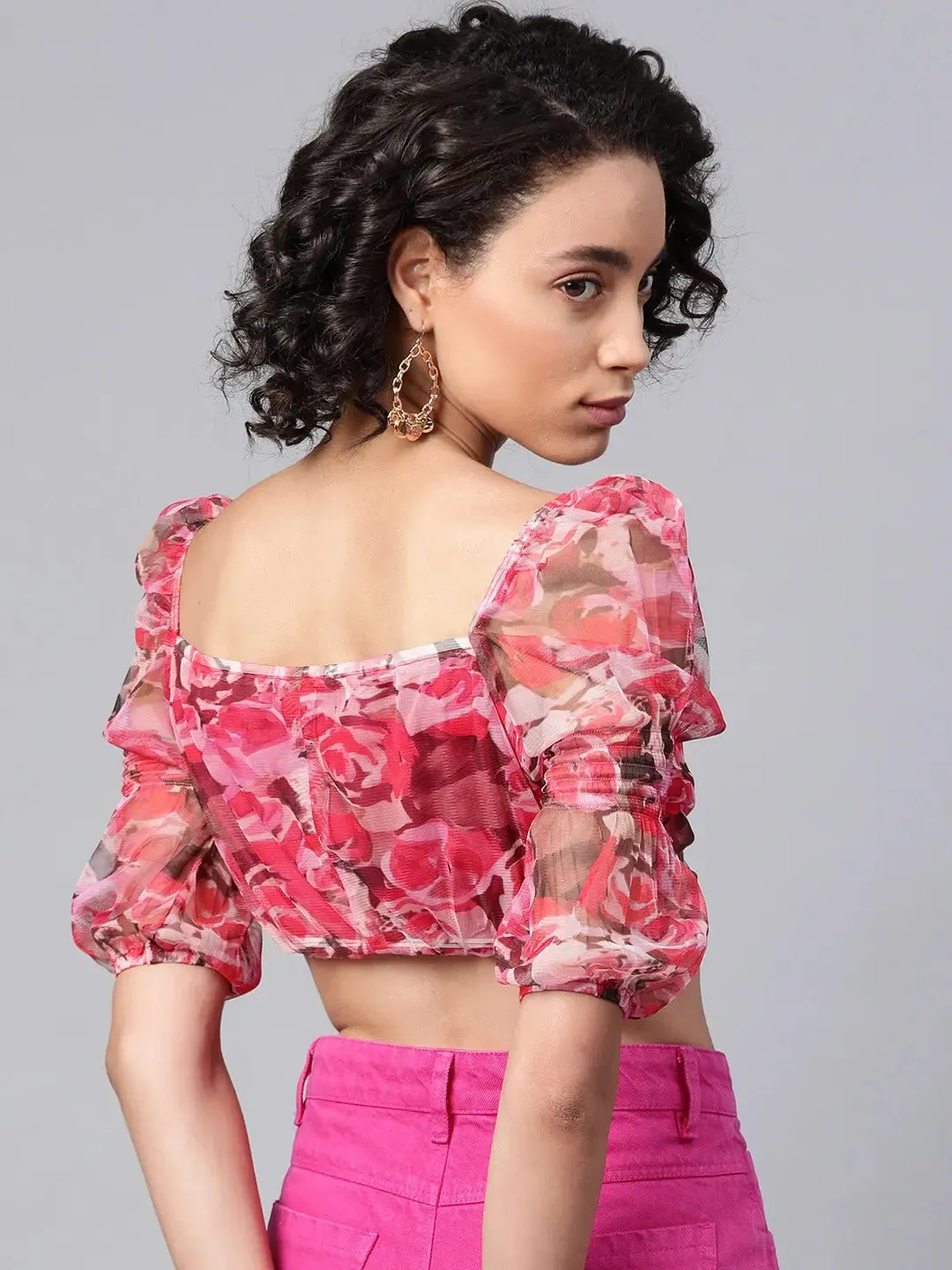 Red Floral Puff Sleeve Crop Top