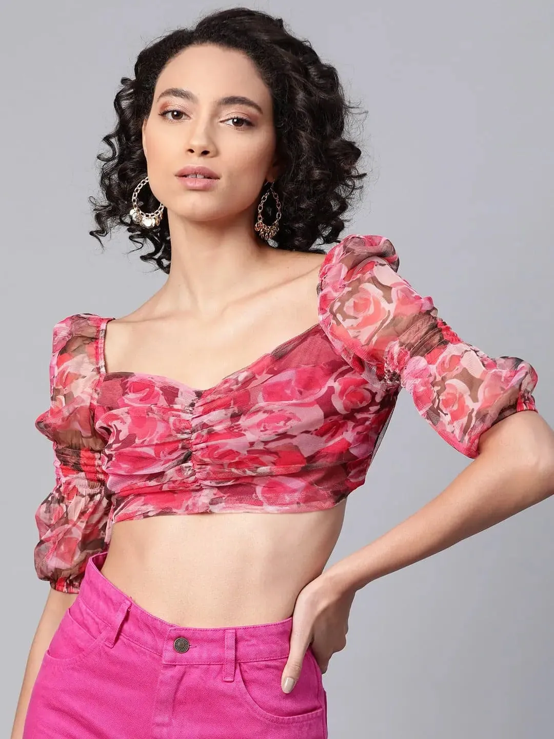 Red Floral Puff Sleeve Crop Top