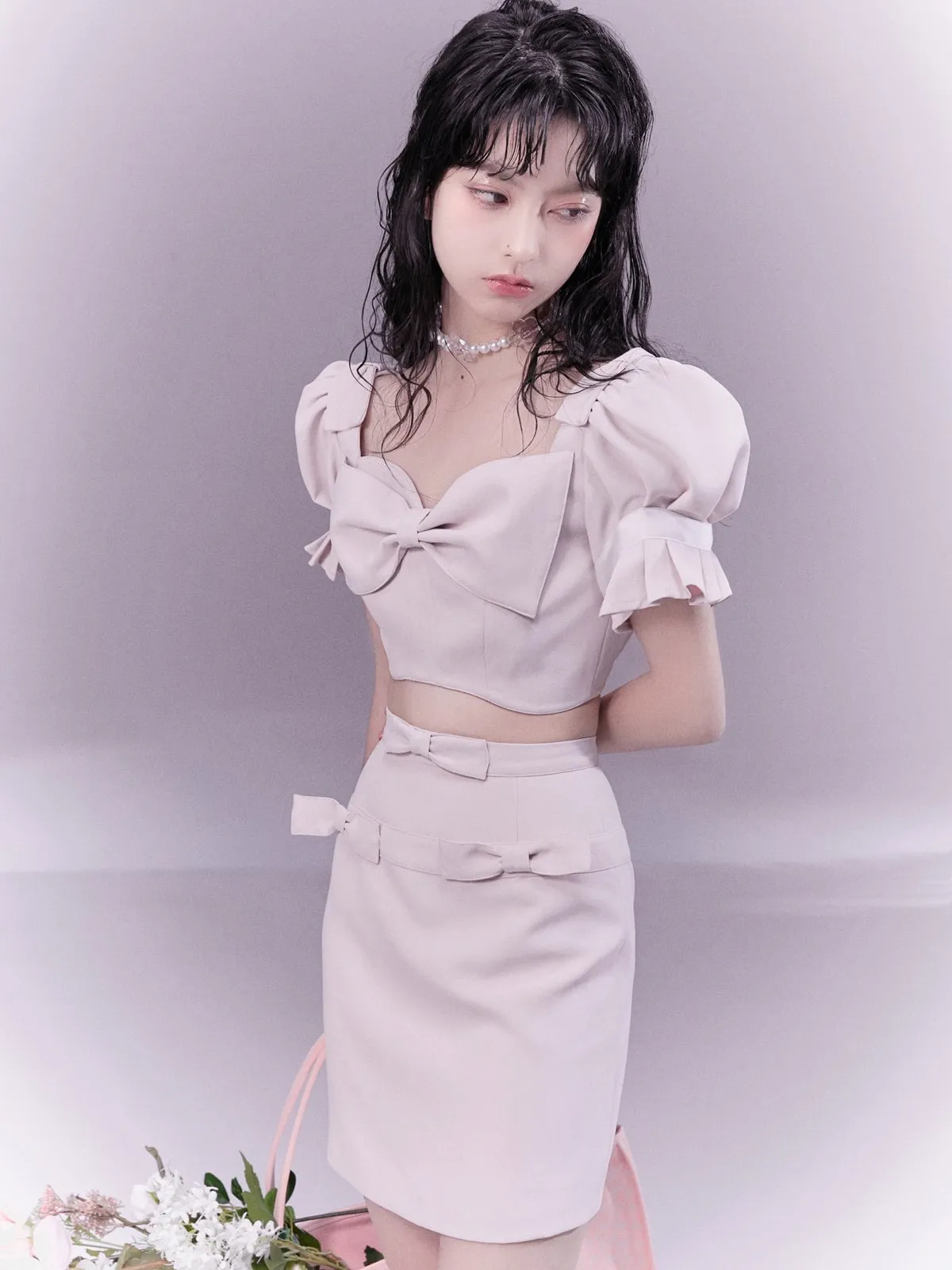 Ribbon Puff-sleeve Blouse camisole Skirt