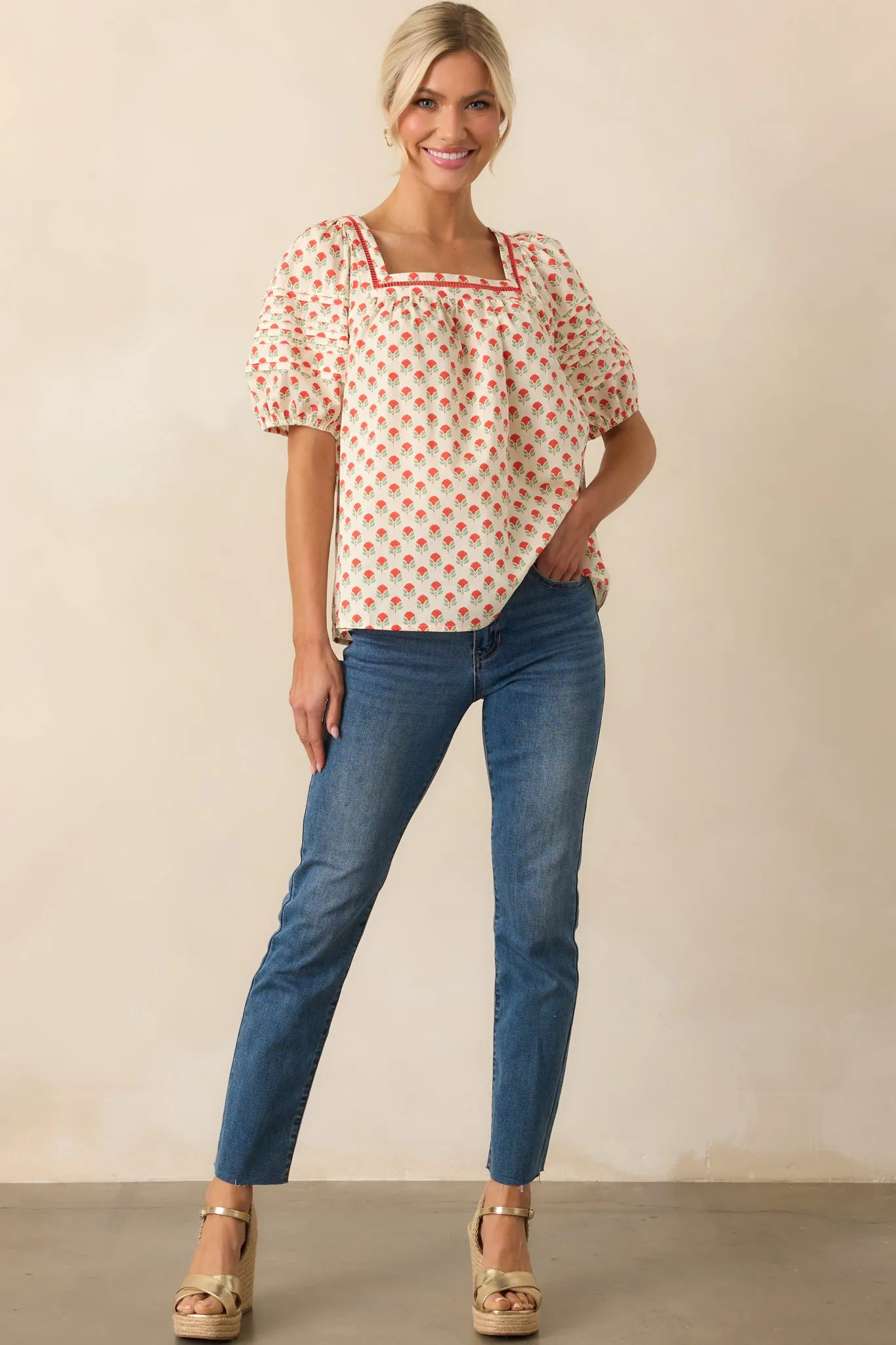 Right Where You Are Red Floral Cotton Puff Sleeve Top