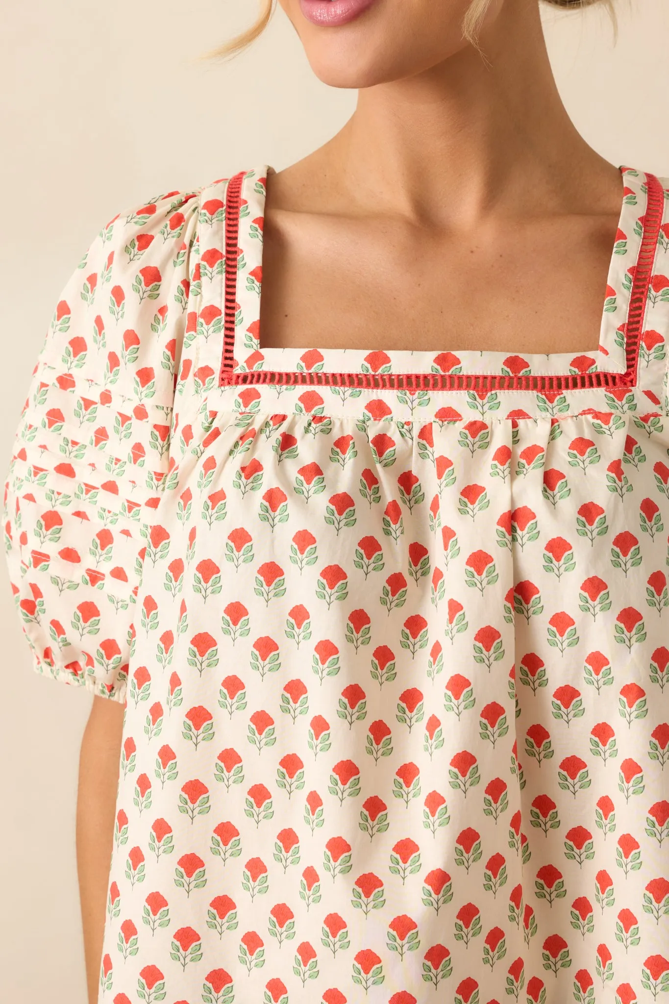 Right Where You Are Red Floral Cotton Puff Sleeve Top