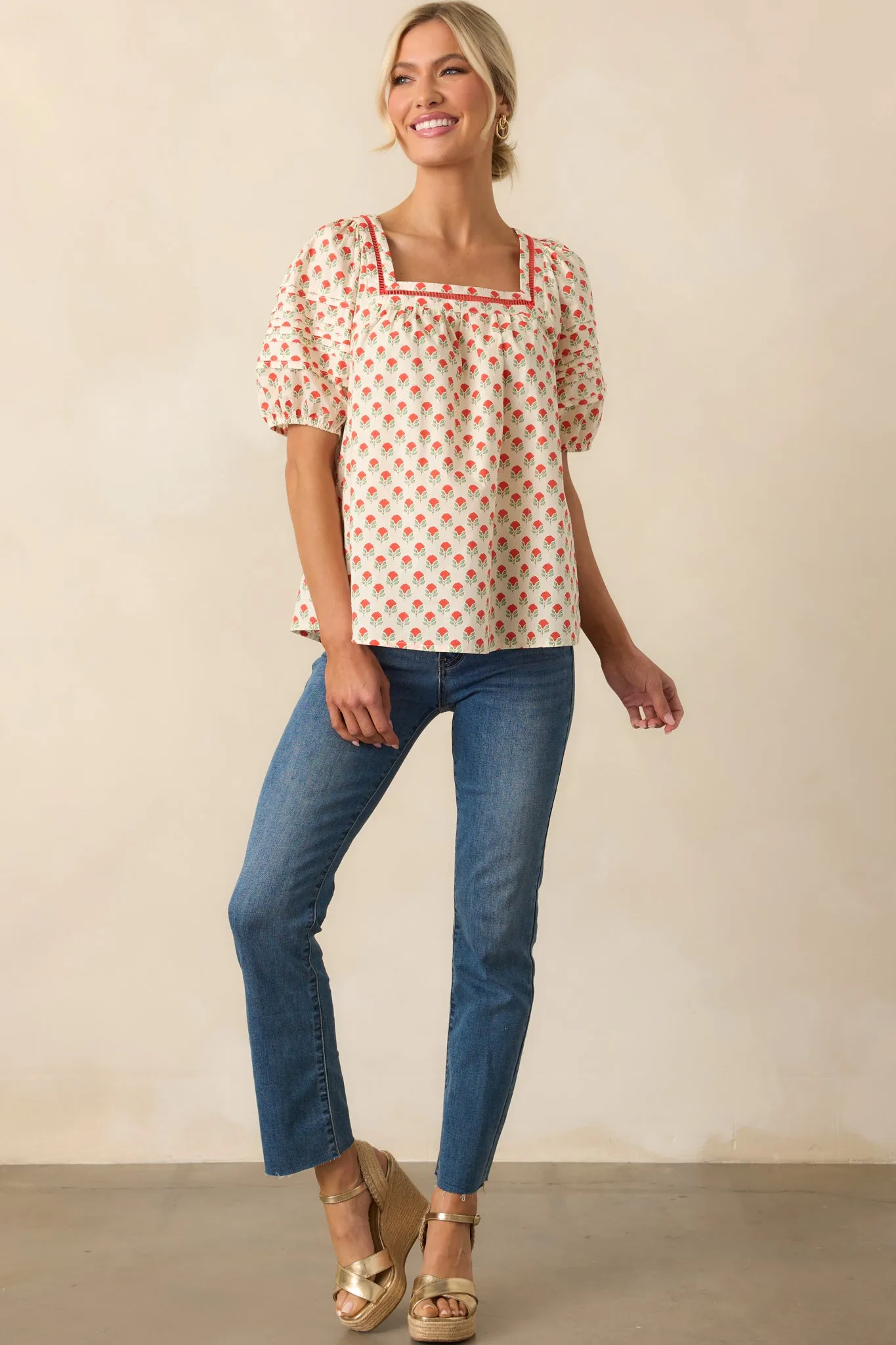 Right Where You Are Red Floral Cotton Puff Sleeve Top
