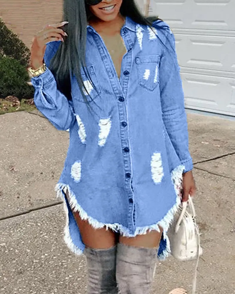 Ripped Raw Hem Asymmetrical Demin Tops
