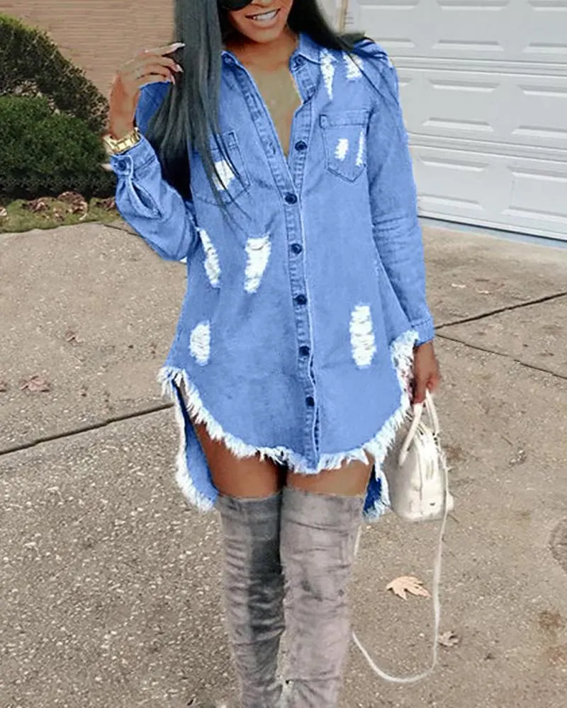 Ripped Raw Hem Asymmetrical Demin Tops