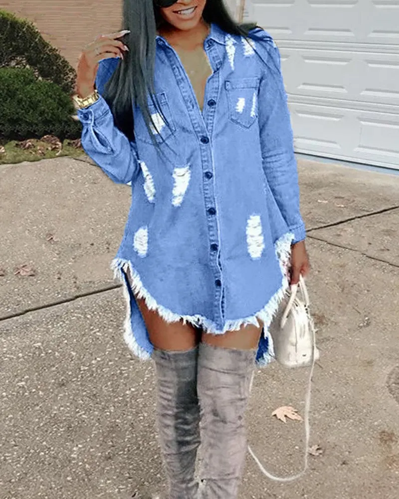 Ripped Raw Hem Asymmetrical Demin Tops