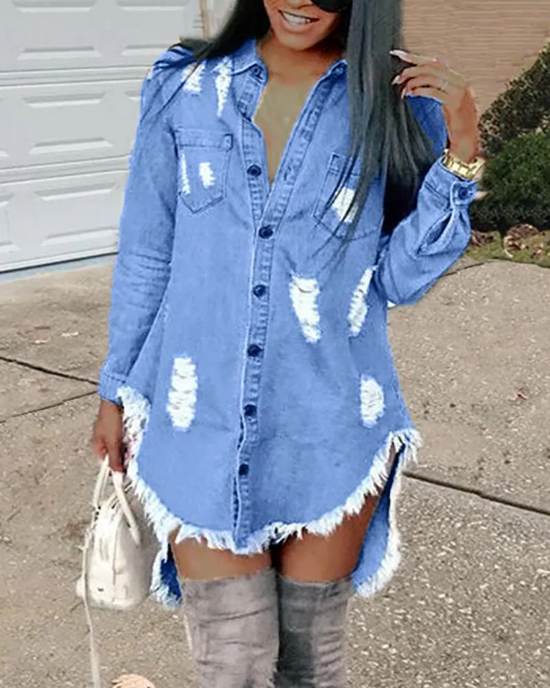 Ripped Raw Hem Asymmetrical Demin Tops