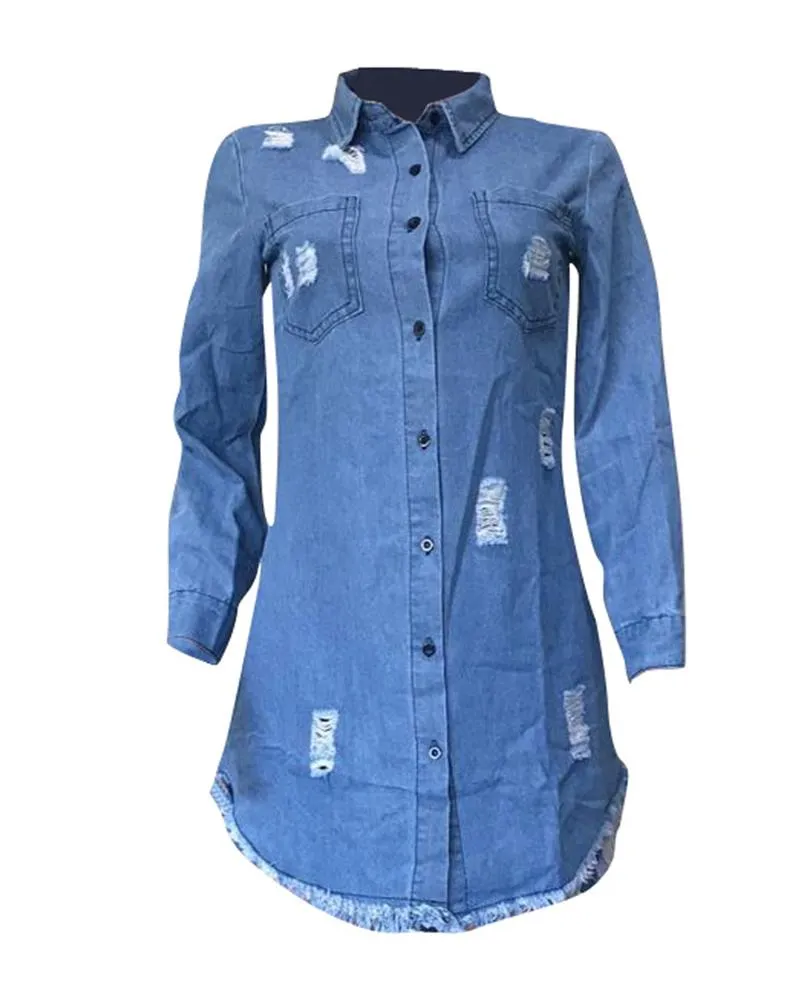 Ripped Raw Hem Asymmetrical Demin Tops