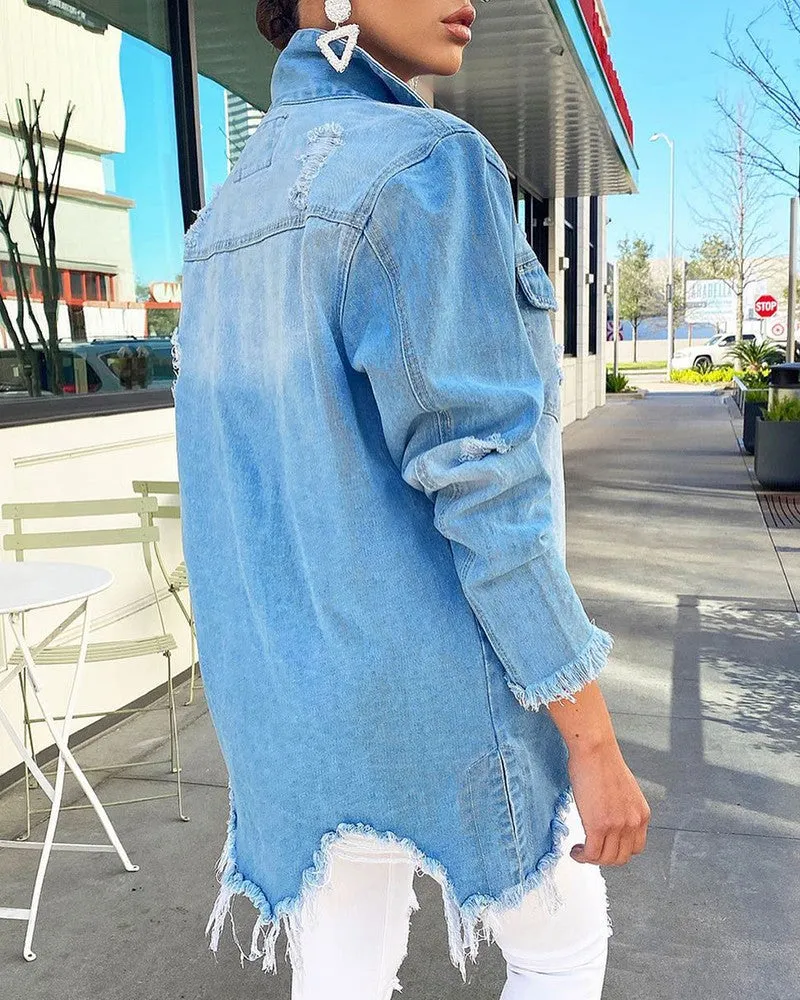 Ripped Raw Hem Asymmetrical Washed Demin Tops