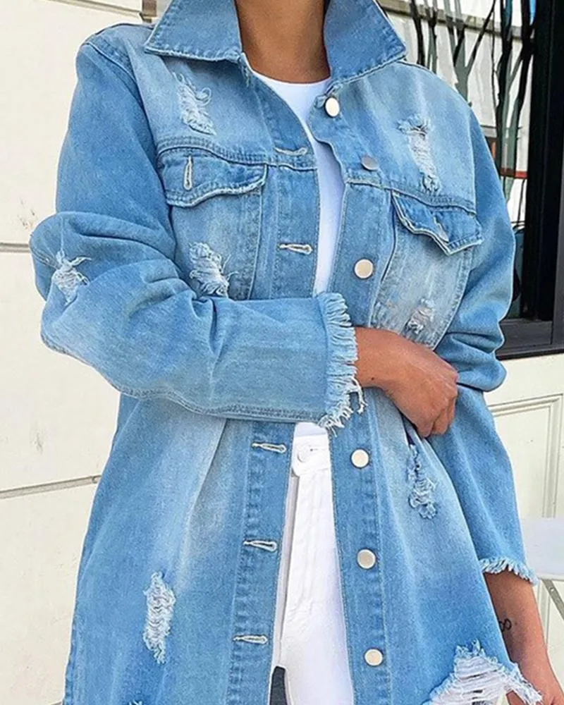 Ripped Raw Hem Asymmetrical Washed Demin Tops