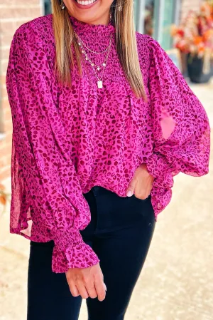 Rose Leopard Shirred Puff Sleeve Flowy Blouse