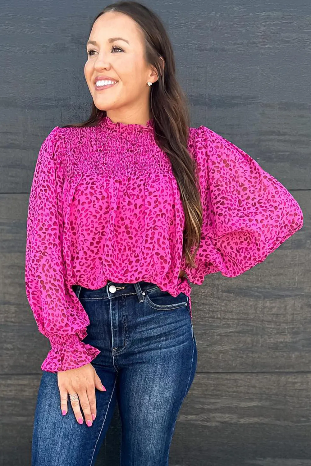 Rose Leopard Shirred Puff Sleeve Flowy Blouse