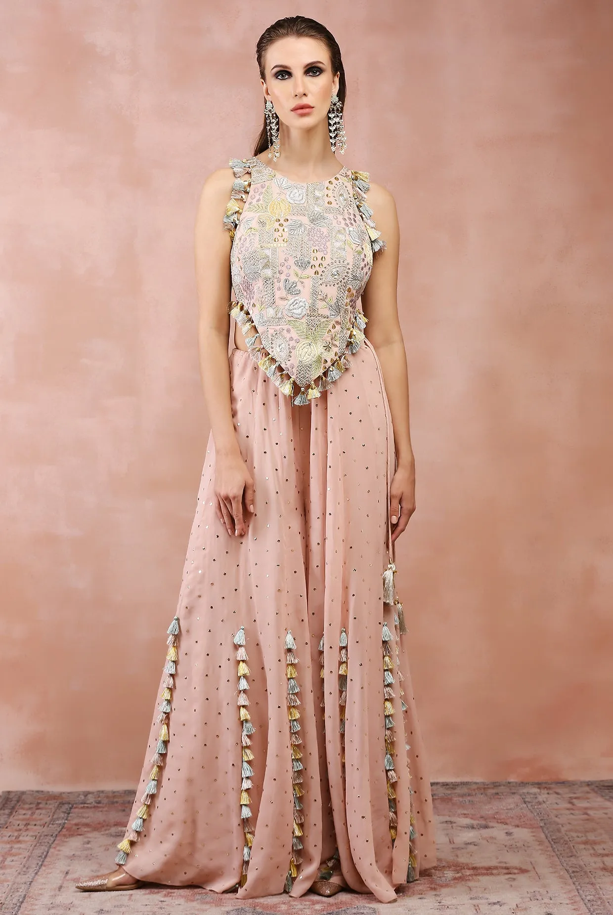 ROSE PINK APPLIQUE EMBROIDERED CHOLI WITH SHARARA