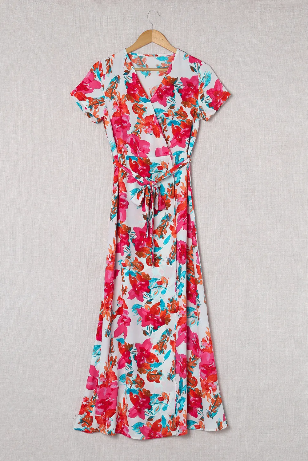 Rose Wrap V Neck Short Sleeve Floral Maxi Dress
